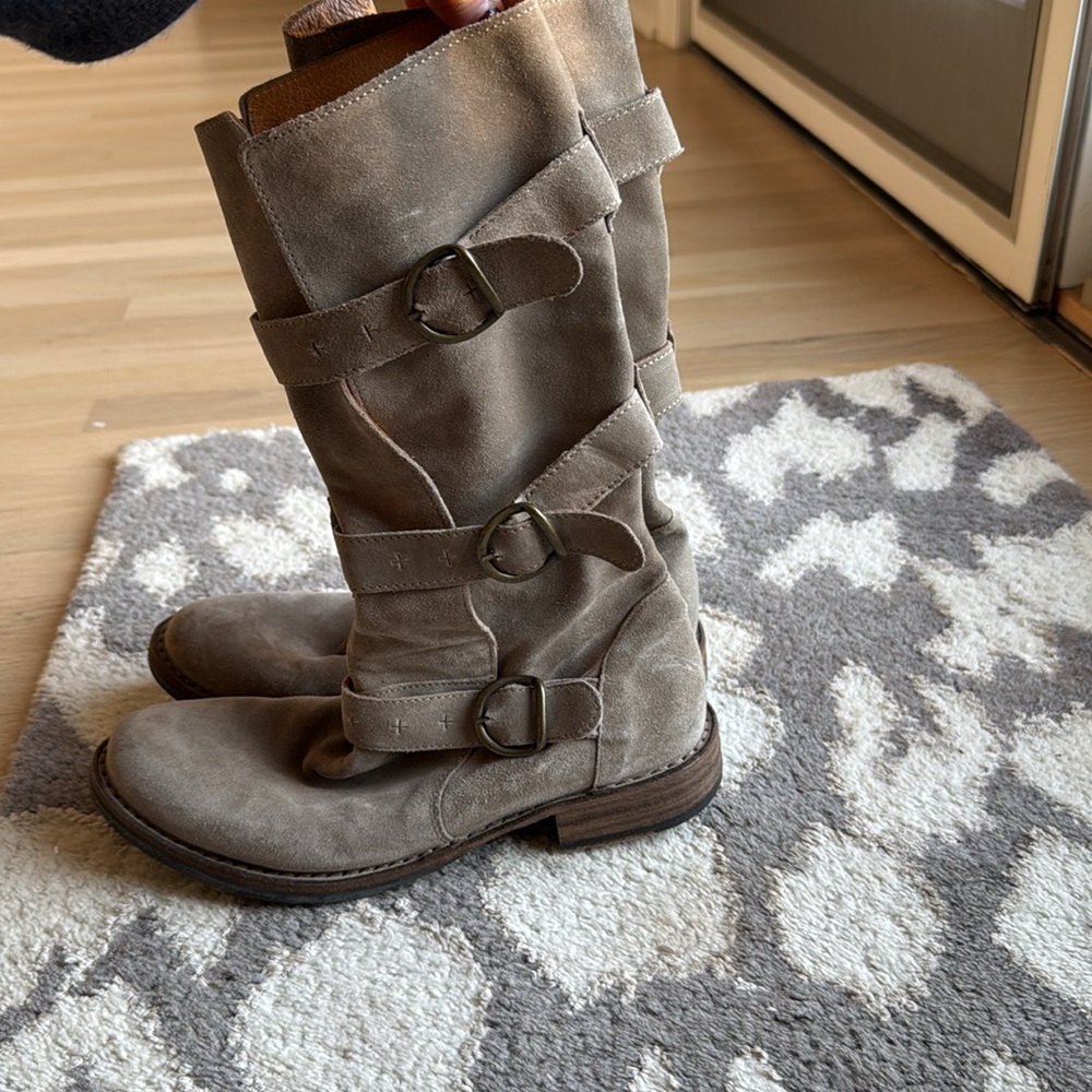 Fiorentini  + Baker taupe suede eternity moto triple buckle riding boot